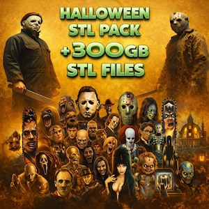 Könnte beinhalten: Digitales Kunstwerk mit Horrorfilm-Charakteren wie Michael Myers und Jason Voorhees. Der Text "HALLOWEEN STL PACK +300GB STL FILES" in Grün auf goldenem Hintergrund, passend für Halloween.