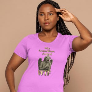 My Guardian Angel WTF Unisex Softstyle T-Shirt | Quirky Angel Design, Funny Tee, Gift for Friends, Humor Shirt, Casual Wear
