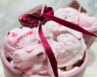 Handmade Strawberry Ice Cream Candle, Pink Dessert Bowl, Vegan Coconut Wax Container Candle