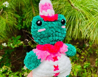 Hand-Crocheted Circus Frog Plush Toy, Velvet Yarn Clown Stuffy, Kawaii Amigurumi Gift