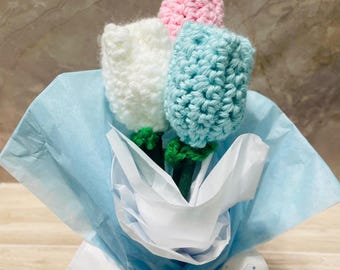 Set of 3 Crochet Pastel Tulips- Handmade Flower Bouquets For Her