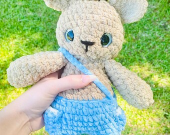 Crochet Bear Plush In Blue Overalls, Garden Bear Plushie With Tiny Bee Friend