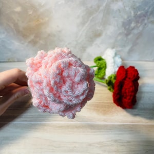 May include: Three crocheted flowers with yarn petals and green stems. One flower is light pink, one is white, and one is deep red. Each flower features a layered, textured design created with yarn loops, showcasing a handmade, soft appearance.