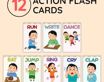 12 Action Flash Cards, Common Verbs for Kids, Toddler Learning, Preschool Printable, Homeschool, Montessori, Digital Download
