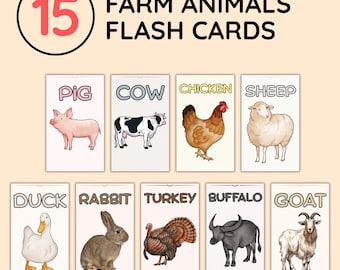 May include: Set of 15 farm animal flash cards. Each card features a watercolor illustration of a farm animal, including a pig, cow, chicken, sheep, duck, rabbit, turkey, buffalo, and goat. The cards have the animal's name printed on them.