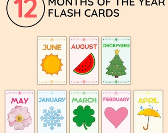 12 Months of the Year Flash Cards, Months, Printable Calendar Months, Preschool Learning, Toddler Flashcards, Homeschool, Digital Download