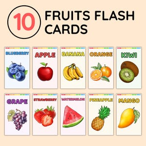 10 Obst Flash Karten für Kinder, Kleinkind lernen druckbar, Vorschulaktivität, bunte Früchte, digitaler Download, Homeschool Ressourcen
