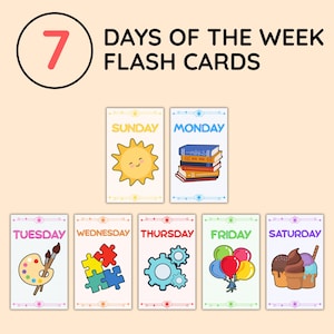 Wochentage Karte, 7 Tage, druckbare Karteikarten für Kinder, Vorschule, Homeschool, Montessori, digitaler Download, 3x5 5x7