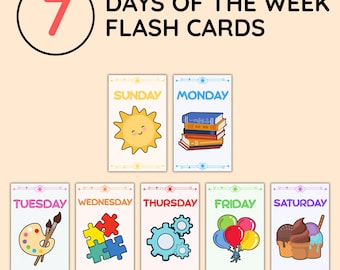 Days of the Week Flash Cards, 7 Days, Printable Flashcards for Kids, Preschool Learning, Homeschool, Montessori, Digital Download, 3x5 5x7