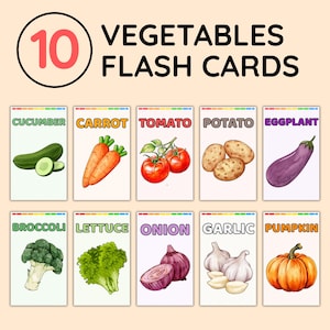 10 Gemüse Flash Karten, gemeinsame Gemüse für Kinder, Kleinkind lernen, Vorschule druckbar, Hausschule, Montessori, digitaler Download