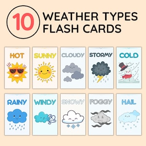 10 cartes météo, types de météo courants pour les enfants, apprentissage préscolaire, cartes mémoire pour tout-petits, école à la maison, Montessori, téléchargement numérique