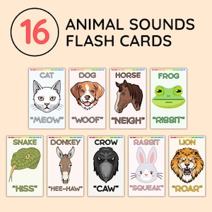 16 cartes flash sons d'animaux, animaux de la ferme et animaux sauvages, sons d'animaux, apprentissage des tout-petits, préscolaire imprimable, école à la maison, téléchargement numérique