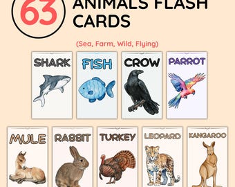 63 Animal Flash Cards, Animals Printable, Educational Learning Cards, Kids Preschool Activity, Montessori Cards, Digital Download