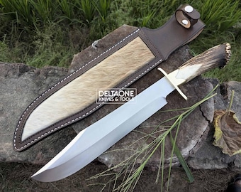 Inglorious BasterdsBowie Knife Replica, D2 Steel, Stag Horn Handle, Leather Sheath, Camping Outdoor Bushcraft