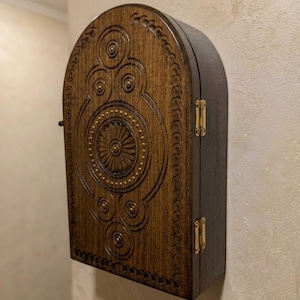 Hand-Carved Wooden Key Holder Wall Cabinet, Vintage Style Entryway Organizer, Rustic Home Decor, Solid Wood Wall Cupboard with Carvings. image 1