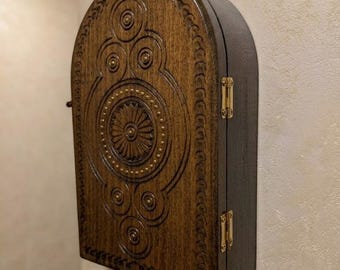 Armario de pared con llavero de madera tallada a mano, organizador de entrada de estilo vintage, decoración rústica para el hogar, armario de pared de madera maciza con tallas.