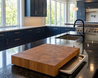 Tabla de cortar personalizada, tabla de cortar de madera de grano final con bandeja de acero inoxidable, bloque de carnicero con almacenamiento, estación de preparación, regalo de inauguración de casa.