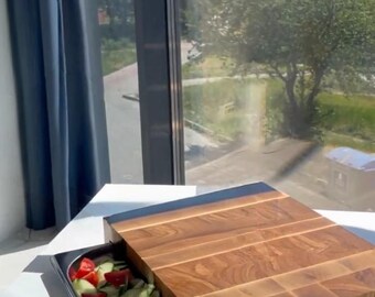 Personalized End Grain Oak Wood Cutting Board with Stainless Steel Tray, Butcher Block with Container, Castom End Grain Board.