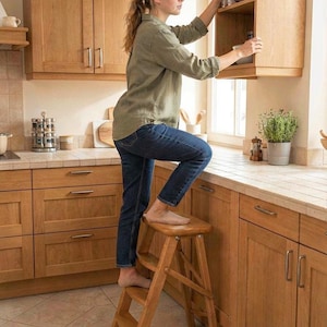 May include: A wooden step stool with three tiers, featuring a natural light brown finish and a sturdy frame. The stool has a flat top step, a middle step, and a bottom step, all connected by angled side supports with visible metal hardware.