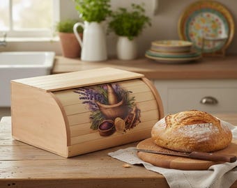 Panera de madera pintada a mano, panera rústica para encimera de cocina, contenedor de pan rústico, almacenamiento de cocina con diseño de mortero de hierbas.
