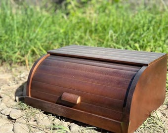 Panera con tapa enrollable para encimera de cocina, caja de pan de madera hecha a mano, recipiente rústico para el pan, decoración de cocina de estilo rústico, caja de almacenamiento de madera natural.