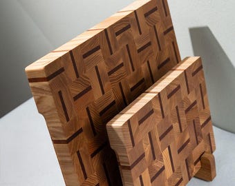 Juego de tabla de cortar de madera de veta final con soporte, tabla de cortar de veta final con tejido de canasta, bloque de carnicero hecho a mano, decoración de cocina de lujo.