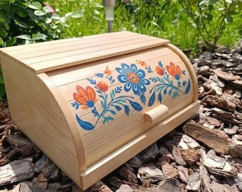 Scatola per il pane in legno fatta a mano, contenitore per il pane con coperchio a rullo per il piano di lavoro della cucina, contenitore rustico per il pane in stile fattoria, regalo ecologico per utensili da cucina in legno.