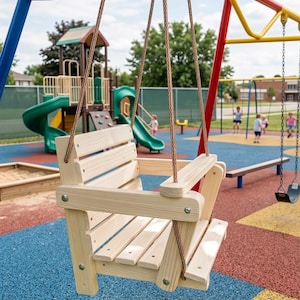 Puede incluir: Un columpio de madera con asiento y respaldo de madera clara cuelga de un marco metálico azul y rojo. El columpio está suspendido por cuerdas marrones. El parque infantil cuenta con suelo de goma de colores y otras estructuras de juego.