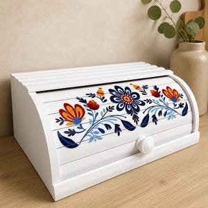 Boîte à pain florale peinte à la main - Boîte à pain en bois blanc rustique pour comptoir de cuisine