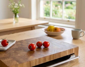 Tabla de cortar de madera de grano final personalizada con bandeja deslizante de acero inoxidable, bloque de carnicero profesional con recipiente de preparación incorporado.