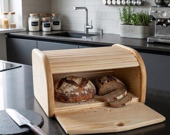 Wooden Bread Box with Roll Top & Pull-Out Cutting Board, Farmhouse Kitchen Bread Bin, Handmade Pine Wood Bread Storage, Housewarming Gift.