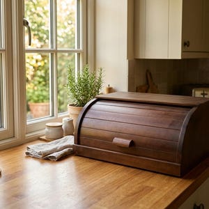 Peut inclure: Un coffre à pain en bois brun foncé avec un couvercle roulant est posé sur un plan de travail en bois dans une cuisine. Le coffre à pain a une poignée sur le devant. Une fenêtre et une petite plante en pot sont visibles en arrière-plan.