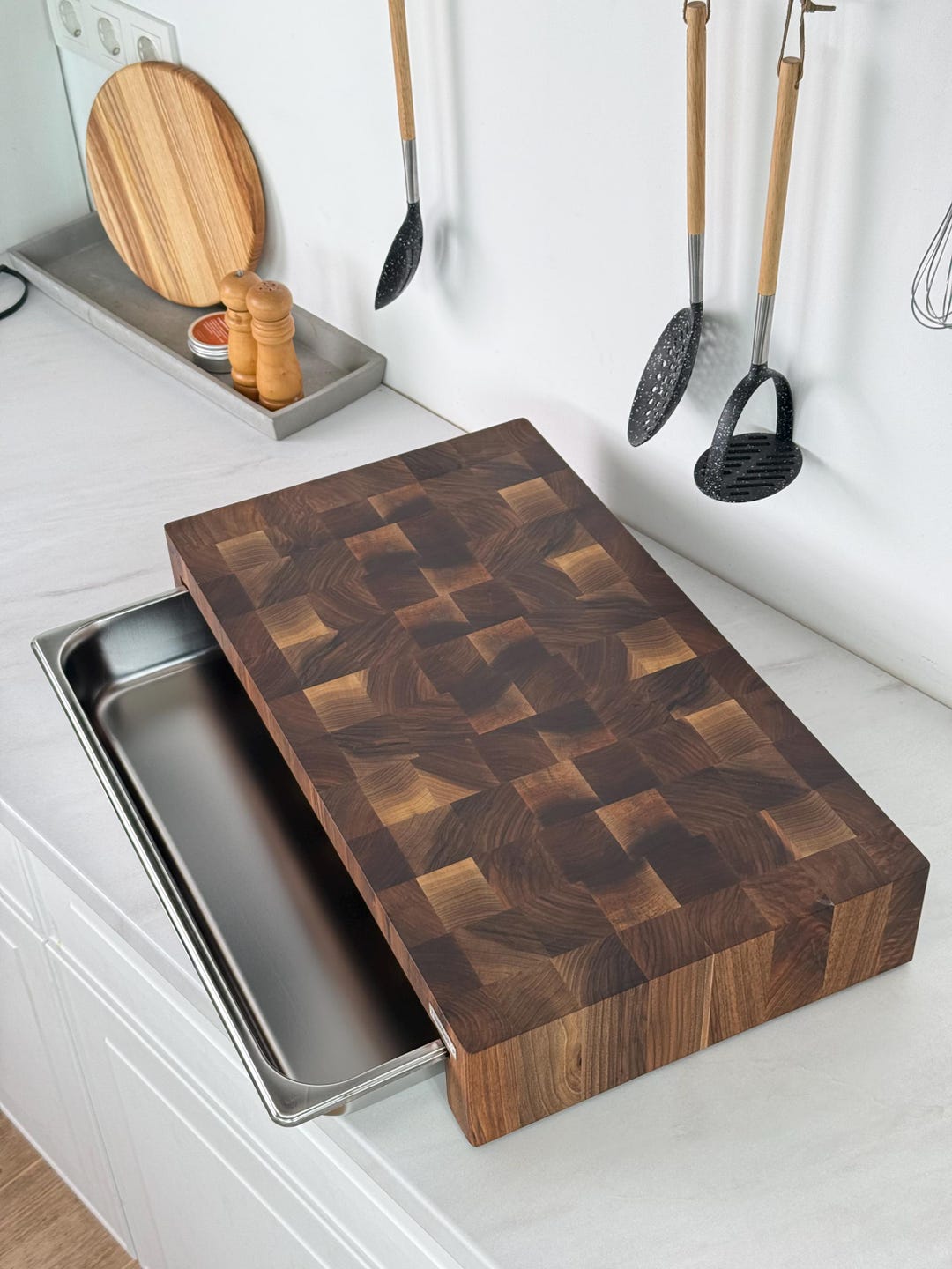 Walnut Cutting Board With Integrated Tray, Large Wooden Chopping Board ...