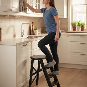 Peut inclure: Un escabeau en bois noir à trois niveaux, doté d'une marche supérieure ronde et de deux marches inférieures. Le tabouret possède une structure pliable avec des charnières et des fixations métalliques visibles pour atteindre les placards.