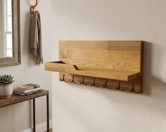 Wooden Key Holder Shelf with 7 Hooks, Entryway Mail Organizer
