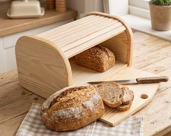 Panera de madera con tabla de cortar integrada – Almacenamiento minimalista para la cocina