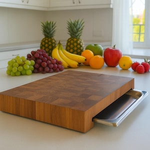 End Grain Cutting Board with Stainless Steel Tray, Butcher Block with Storage,  Personalized Chopping Board, Prep Station, Housewarming Gift