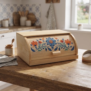 May include: A light-colored wooden bread box with a roll-top lid featuring a decorative floral pattern in blue, orange, and green. The rectangular container has a small wooden handle on the front panel and a smooth, natural wood grain finish.