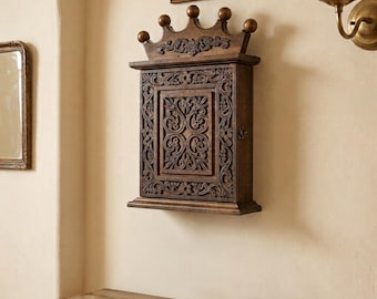 Hand Carved Wooden Crown Wall Cabinet | Vintage Style Ornate Key Box | Medieval Baroque Entryway Organizer | Unique Home Decor Gift
