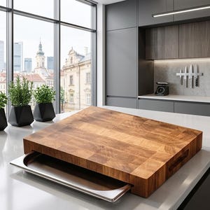 May include: A large, rectangular wooden butcher block cutting board with a stainless steel tray. The board is made of light brown wood and has a visible wood grain pattern. The tray slides out from under the board.