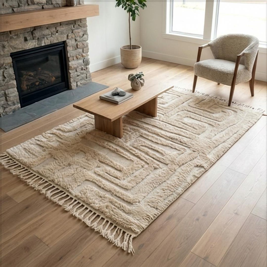 Hand-sculpted Labyrinth Wool Rug – Ivory Relief Shag Carpet, Modern ...