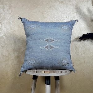 Handwoven Sabra Cactus Silk Pillow Cover, Berber Diamond Embroidery, Boho Home Decor (17x17 inches)