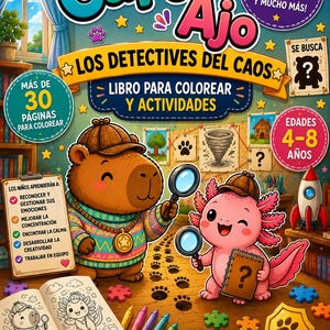Peut inclure: Un livre de coloriage et d'activités intitulé Capy & Ajo Los Detectives del Caos illustré avec un capybara brun et un axolotl rose portant des chapeaux de détective et des loupes. La couverture présente du texte, des empreintes et des crayons.