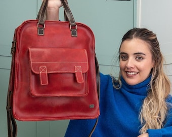Red leather woman work bag, vintage leather bag woman, leather top handle bag, crossbody purse for sister, woman handbag everyday, mom gift