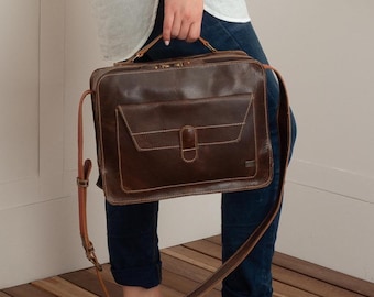 Vintage Satchel Handbag - Brown Leather Shoulder Purse - Women Work Briefcase - School Messenger Bag