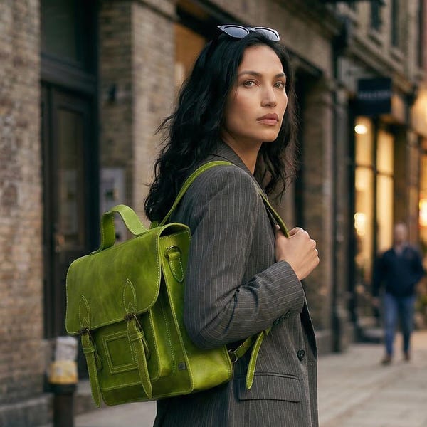Green Leather Convertible Backpack, Vintage Satchel Messenger Bag
