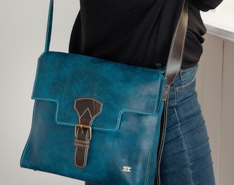 Blue cross body bag for women vintage inspired, leather bag office job casual look, shoulder bag for jeans outfit weekend style, mom gift