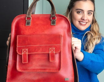 Red Leather Tote Bag: Vintage Crossbody Work Purse