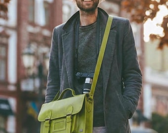 Green Leather Mens Briefcase, Convertible Backpack Messenger Bag, Laptop Satchel Work Bag