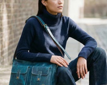 Bolso bandolera azul marino, bandolera de cuero turquesa, bolso de trabajo para portátil, bolso de mano vintage para mujer.